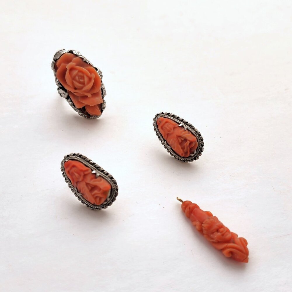 Antique Philip Klein Coral/Silver Jewelry SET Ring + Earrings + Pendant